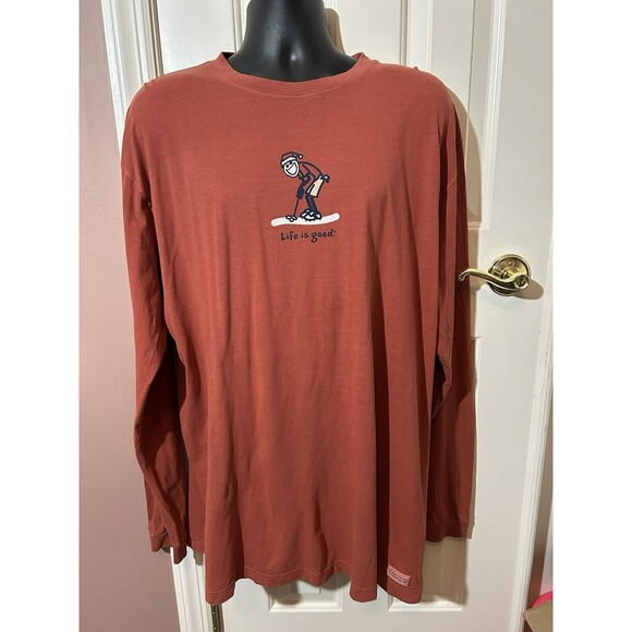 Life Is Good T Shirt Mens XL Santa Golfer Snow Golf Long Sleeve Rust Color - Picture 1 of 7